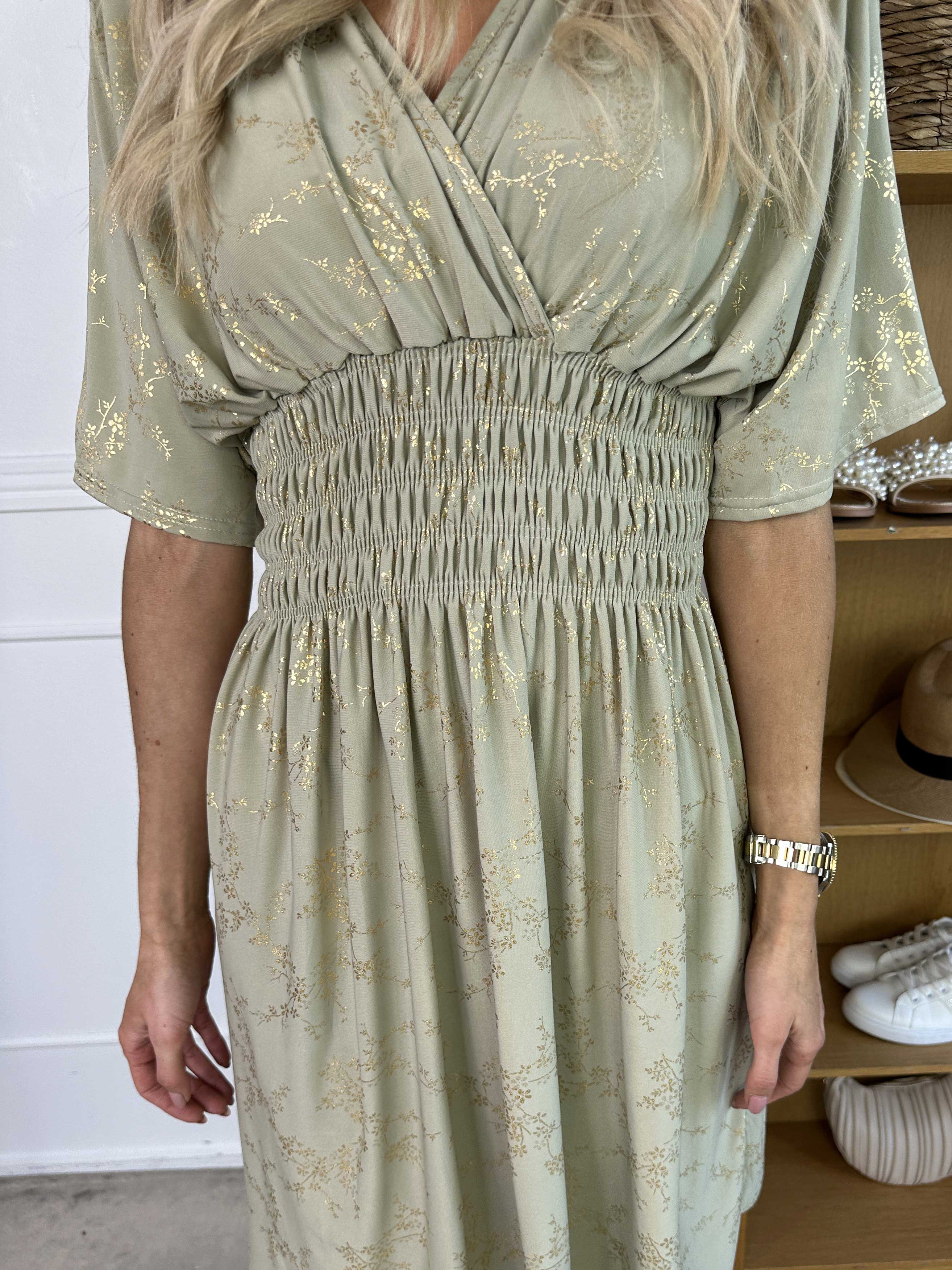 Pams Gold Short - Elastisk kjole detaljeret med guld blomster